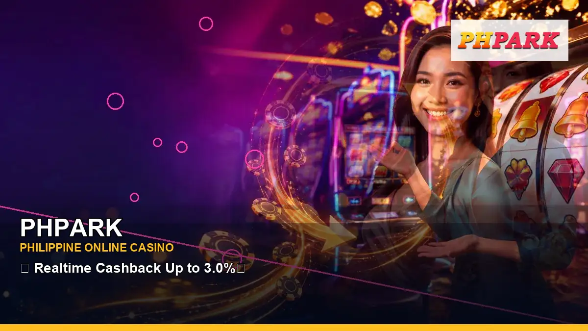 PHPARK neon jackpot slot games featuring an adult Filipina casino host with a wide-action composition